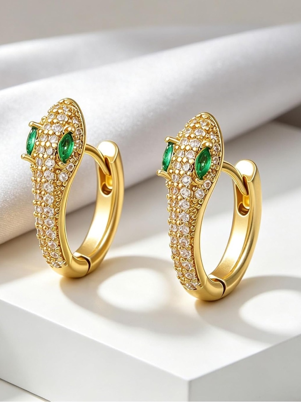 Anthropologie Gold Snake Hoop Earrings with Emerald Accents
